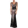 Women’s V Neck Sequin Formal Evening Dress Tassel Bead Sleeve Mermaid Long Gown 1920S Party Maxi Military Dress(Colorful Black)