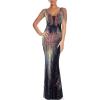 Women’s V Neck Sequin Formal Evening Dress Tassel Bead Sleeve Mermaid Long Gown 1920S Party Maxi Military Dress(Colorful Blue)