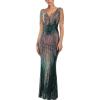 Women’s V Neck Sequin Formal Evening Dress Tassel Bead Sleeve Mermaid Long Gown 1920S Party Maxi Military Dress(Colorful Green)