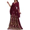 meilun Chiffon Embroidered Maxi Dress Long Sleeve V Neck Casual Dress Cocktail Party Dress(A-wine)