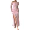 meilun Elegant Mesh Wedding Guest Dress Slit Drawstring Bodycon Maxi Dress Long Sleeve Formal Dress(Pink,XS)