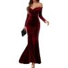 meilun Elegant Off Shoulder Long Sleeve Velvet Long Formal Evening Dress for Wedding Guest Bridemaid Dress(A-wine)