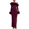 meilun Faux Fur Knit Maxi Dress Feathered Autumn/Winter Off-The-Shoulder Dress(Wine)