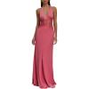 meilun Lace and Satin Maxi Dress Deep V Patchwork Neck Waist Sexy Evening Gowns(Pink)