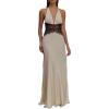 meilun Lace and Satin Maxi Dress Deep V Patchwork Neck Waist Sexy Evening Gowns(White)