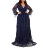 meilun Long Sleeve Sequins Formal Prom Evening Gowns Elegant V Neck Tassel Maxi Dress(A-navy)