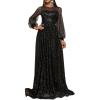 meilun Mesh Long Sleeve Party Dress Sequin Prom Evening Formal Gowns A-line Maxi Dress(A-black)