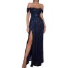 meilun Off Shoulder Formal Maxi Dress for Women Sequin Ruched Bodycon High Slit Evening Gowns Wedding Guest Dress(A-navy)