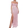 meilun Off Shoulder Formal Maxi Dress for Women Sequin Ruched Bodycon High Slit Evening Gowns Wedding Guest Dress(A-pink)