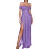 meilun Off Shoulder Formal Maxi Dress for Women Sequin Ruched Bodycon High Slit Evening Gowns Wedding Guest Dress(A-purple)