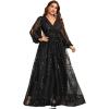 meilun Plus Size Dress Sequined Sexy V-Neck Bell-Sleeve Evening Gown(Black)