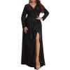 meilun Plus Size Women Long Sleeve Formal Dress V Neck Slit Sequin Long Dress Cocktail Party Dress(A-black)