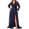 meilun Plus Size Women Long Sleeve Formal Dress V Neck Slit Sequin Long Dress Cocktail Party Dress(A-navy)