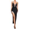meilun Rhinestones Spaghetti Srap Long Evening Dress Mesh V-Neck Slit Bandage Dress Wedding Guest Dress(A-Black,L)