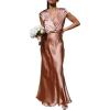 meilun Satin Solid Color V-Neck Long Dress with Short Sleeves and Fishtail Hem Elegant Party Gown(Pink)