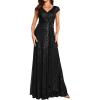 meilun Short Sleeve Sequin Dress for Women Formal Gowns Sparkly V Neck Maxi Dress(A-black)