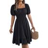 meilun Square-Neck Short-Sleeve Dress Fitted Waist Ruffled A-line Skirt Casual Spring/Fall Resort(Black)