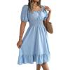 meilun Square-Neck Short-Sleeve Dress Fitted Waist Ruffled A-line Skirt Casual Spring/Fall Resort(Iceblue)