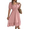 meilun Square-Neck Short-Sleeve Dress Fitted Waist Ruffled A-line Skirt Casual Spring/Fall Resort(Pink)