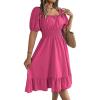meilun Square-Neck Short-Sleeve Dress Fitted Waist Ruffled A-line Skirt Casual Spring/Fall Resort(Rose)