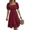 meilun Square-Neck Short-Sleeve Dress Fitted Waist Ruffled A-line Skirt Casual Spring/Fall Resort(Wine)