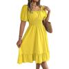 meilun Square-Neck Short-Sleeve Dress Fitted Waist Ruffled A-line Skirt Casual Spring/Fall Resort(Yellow)
