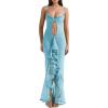 meilun Women’s Cowl Neck Ruffle Wedding Guest Dress Mesh Slit Bodycon Cocktail Party Maxi Dress(B-blue)