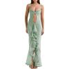 meilun Women’s Cowl Neck Ruffle Wedding Guest Dress Mesh Slit Bodycon Cocktail Party Maxi Dress(B-greygreen)