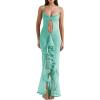 meilun Women’s Cowl Neck Ruffle Wedding Guest Dress Mesh Slit Bodycon Cocktail Party Maxi Dress(B-lightgreen)