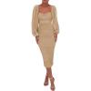 meilun Women’s Mesh Bodycon Wedding Guest Dress Elegant Long Sleeve Square Neck Ruched Cocktail Party Midi Dress(A-beige)