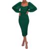 meilun Women’s Mesh Bodycon Wedding Guest Dress Elegant Long Sleeve Square Neck Ruched Cocktail Party Midi Dress(A-green)