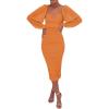 meilun Women’s Mesh Bodycon Wedding Guest Dress Elegant Long Sleeve Square Neck Ruched Cocktail Party Midi Dress(A-orangeyellow)