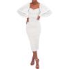 meilun Women’s Mesh Bodycon Wedding Guest Dress Elegant Long Sleeve Square Neck Ruched Cocktail Party Midi Dress(A-white)
