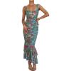meilun Women’s Shoulder Strap Wedding Guest Dress Ruched Mesh Bodycon Party Fishtail Maxi Dress(A-greenfloral)