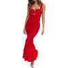 meilun Women’s Shoulder Strap Wedding Guest Dress Ruched Mesh Bodycon Party Fishtail Maxi Dress(A-red)