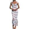 meilun Women’s Shoulder Strap Wedding Guest Dress Ruched Mesh Bodycon Party Fishtail Maxi Dress(A-whitefloral)