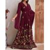 meilun Chiffon Embroidered Maxi Dress Long Sleeve V Neck Casual Dress Cocktail Party Dress(A-wine)
