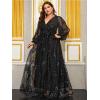 meilun Plus Size Dress Sequined Sexy V-Neck Bell-Sleeve Evening Gown(Black)