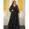meilun Plus Size Dress Sequined Sexy V-Neck Bell-Sleeve Evening Gown(Black)
