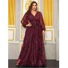 meilun Plus Size Dress Sequined Sexy V-Neck Bell-Sleeve Evening Gown(Wine)