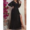 meilun Plus Size Women Long Sleeve Formal Dress V Neck Slit Sequin Long Dress Cocktail Party Dress(A-black)