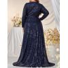 meilun Plus Size Women Long Sleeve Formal Dress V Neck Slit Sequin Long Dress Cocktail Party Dress(A-navy)