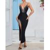 meilun Rhinestones Spaghetti Srap Long Evening Dress Mesh V-Neck Slit Bandage Dress Wedding Guest Dress(A-Black,L)