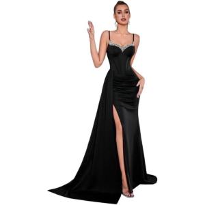 Beaded and Diamonds Embellished Strapless Dress Elegant Niche Evening Gown(Black)