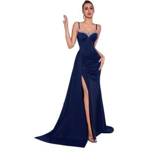 Beaded and Diamonds Embellished Strapless Dress Elegant Niche Evening Gown(Navy)