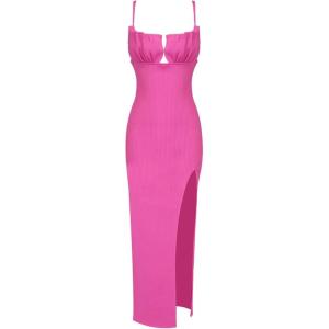 Black Midi Slip Dress for Women Wedding Guest Dress Casual Bodycon Sleeveless Knit Dress with Slit(A-hotpink)