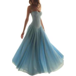 Bustier-Style Lace-Panel Dress with Sheer Asymmetric Hem Casual Resort-Style Dress(Blue)