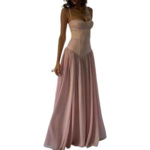 Bustier-Style Lace-Panel Dress with Sheer Asymmetric Hem Casual Resort-Style Dress(Pink)