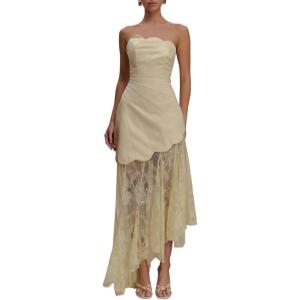 Bustier-Style Lace-Panel Dress with Sheer Asymmetric Hem Casual Resort-Style Dress(Yellow)