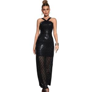 Cross Halter Sleeveless Sequins Maxi Dress Vintage Sequin Evening Party Dress Formal Gowns(Black,L)